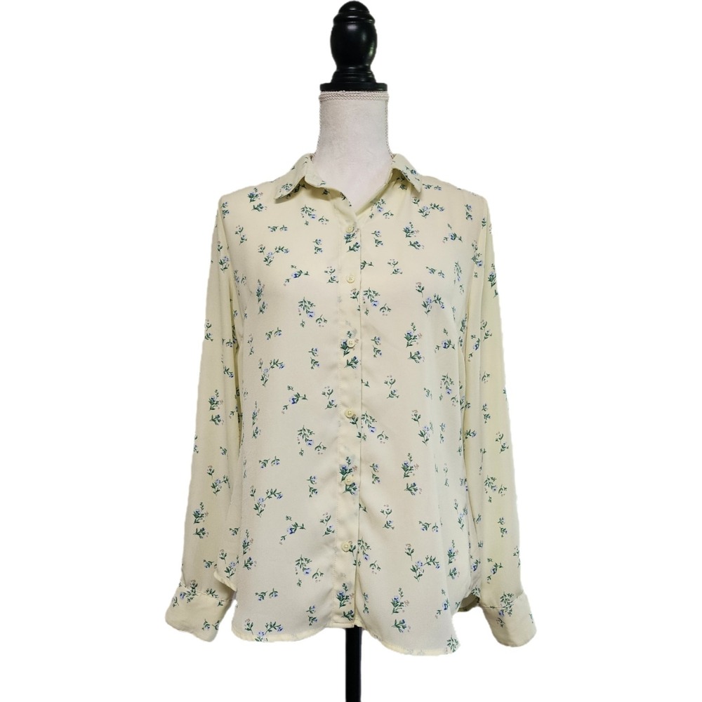 Banana Republic Butter Yellow Floral Button Front Semi Sheer Blouse Sz S Preppy
